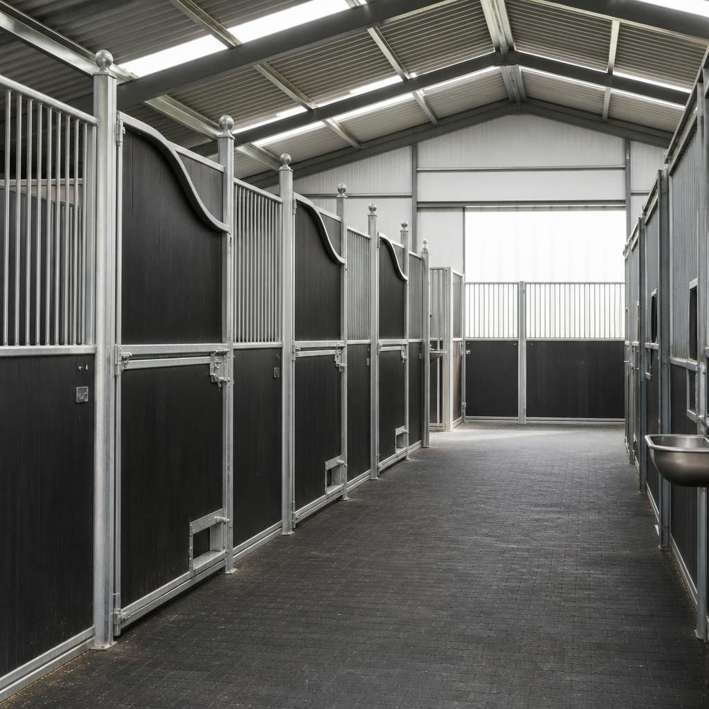 Temporary stable interior with partitions, stable doors and roof ventilation