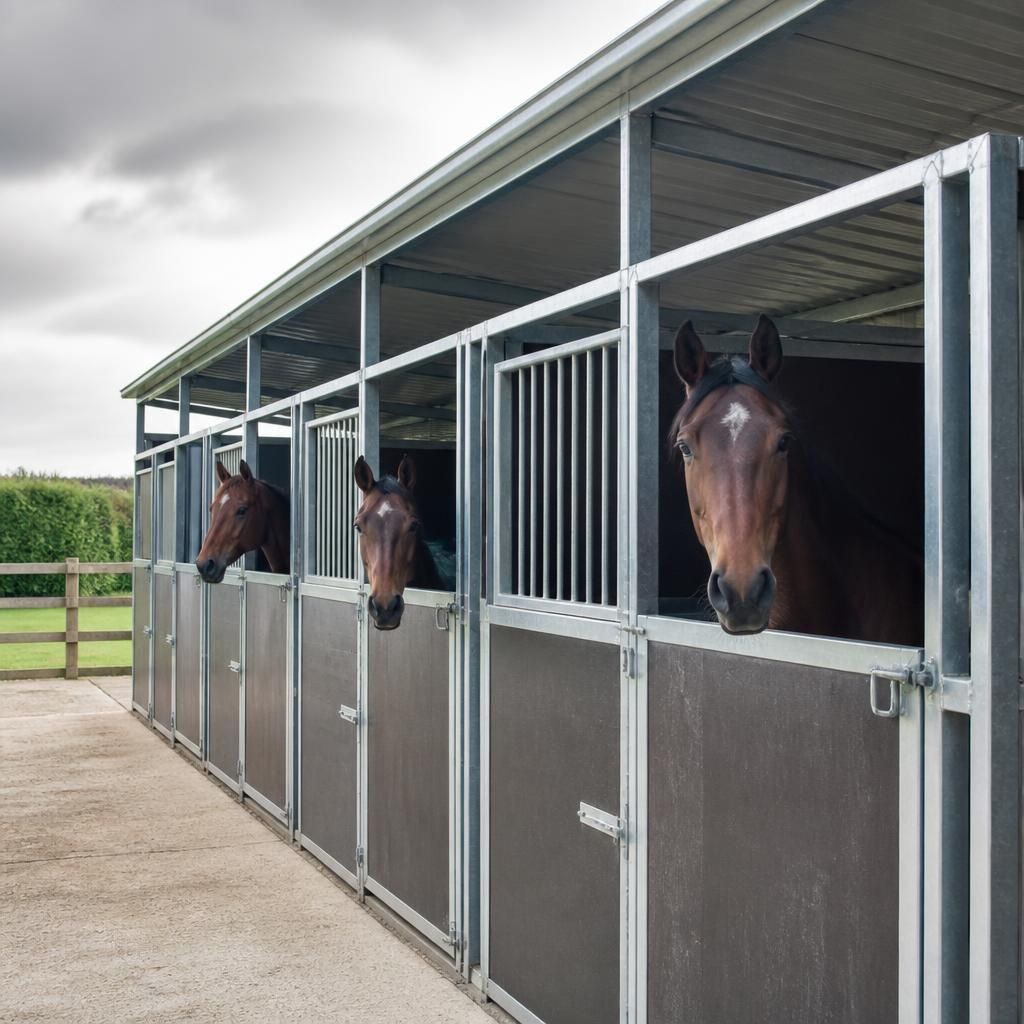 Temporary stable building with enclosed horse boxes beside an equestrian yard