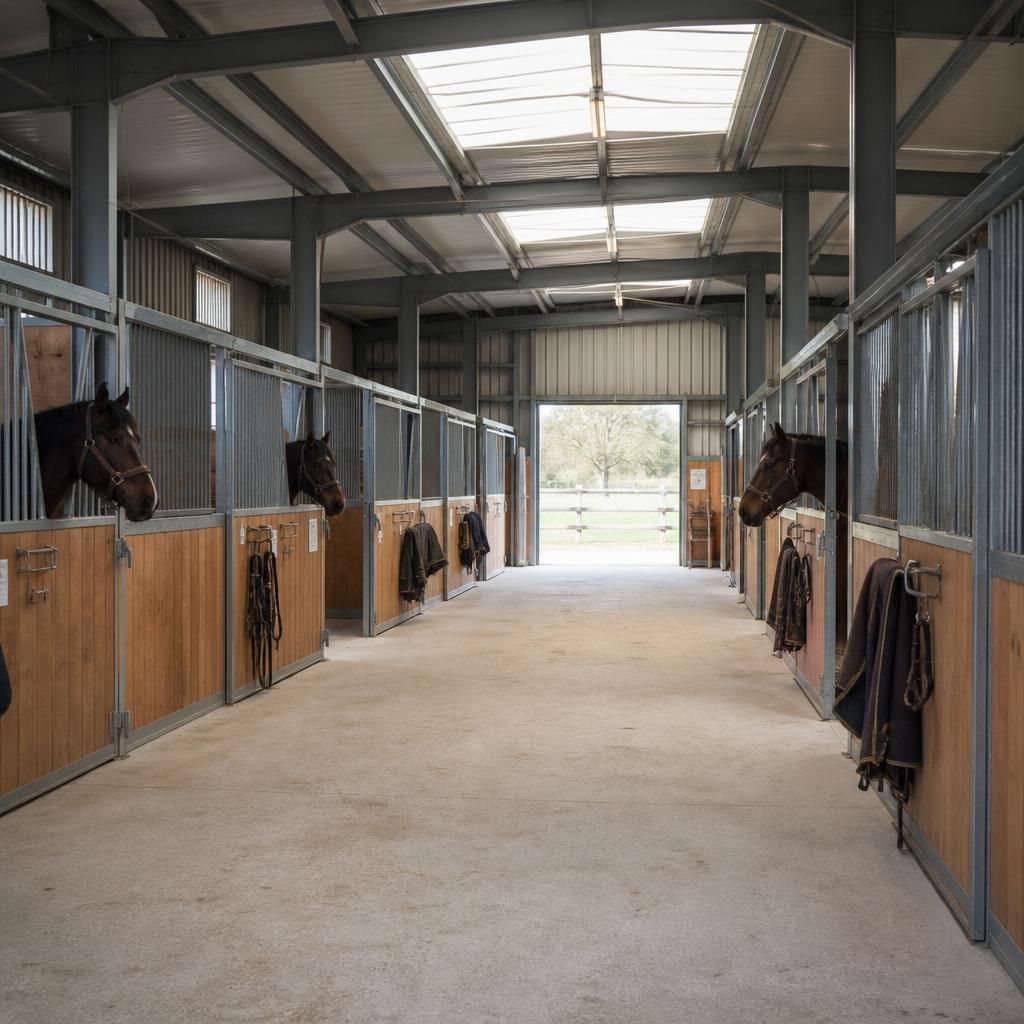 Steel-framed stable block with horse stalls, timber partitions and a central aisle