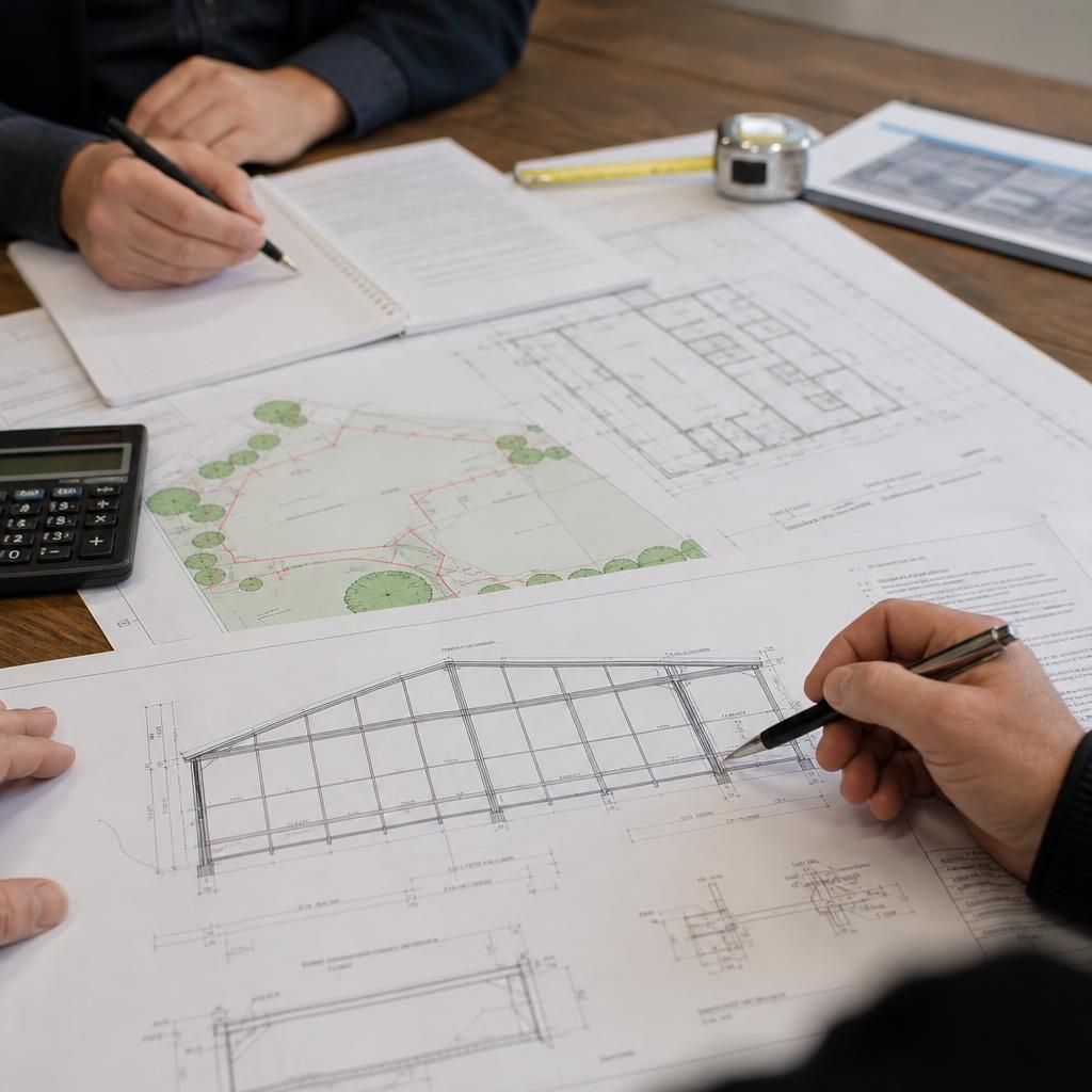 Equestrian building plans and site survey documents on a desk