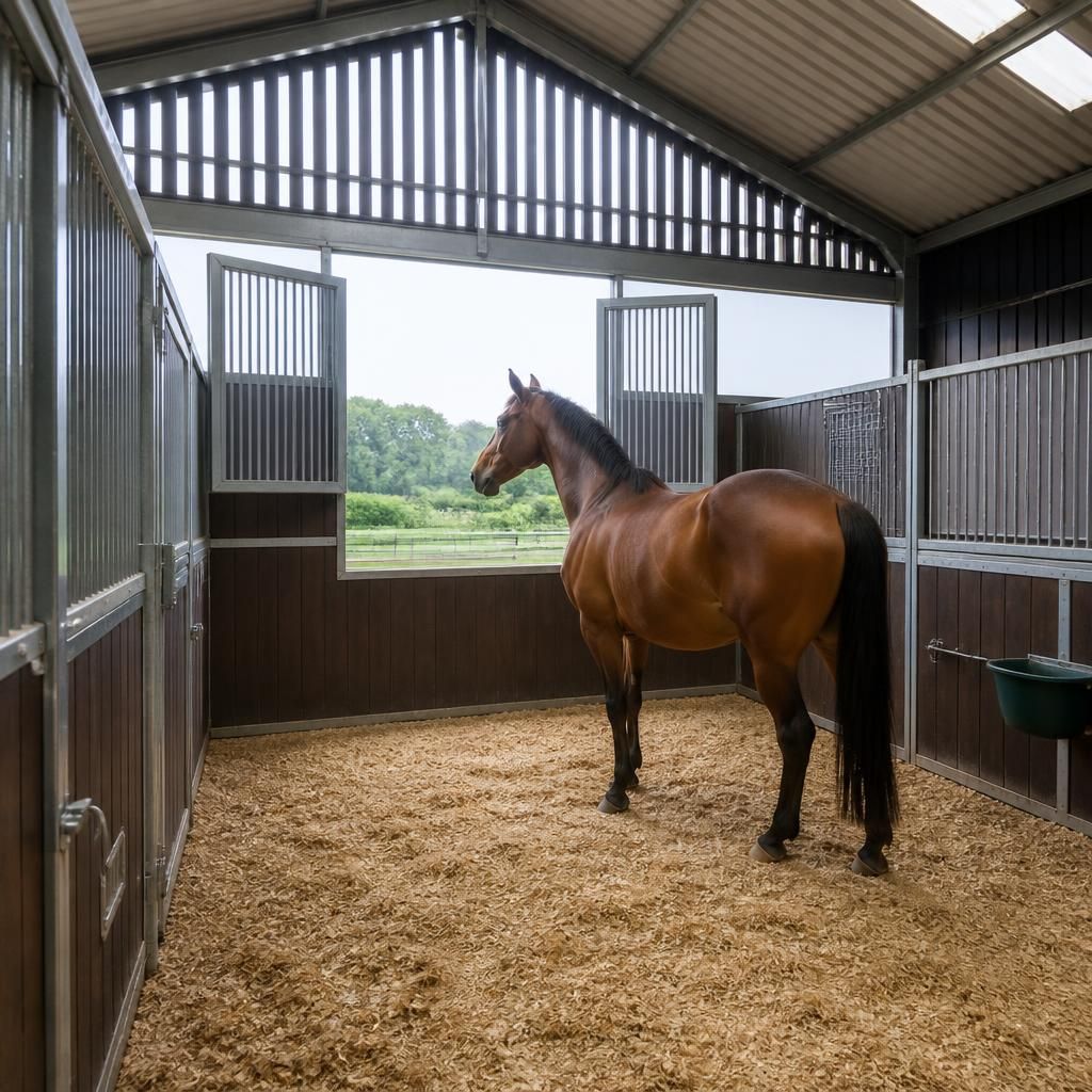 Horse standing inside a stable with open upper doors and high-level ventilation panels
