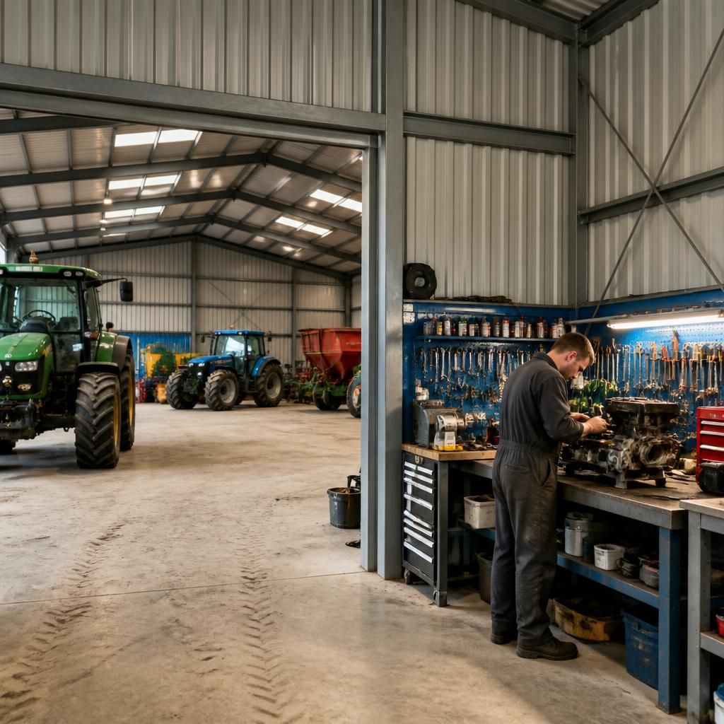 Steel-framed agricultural building with tractors in storage and a bench-equipped workshop
