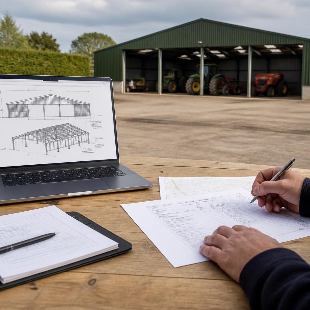 Farm machinery shed alongside planning elevation drawings for its proposed design