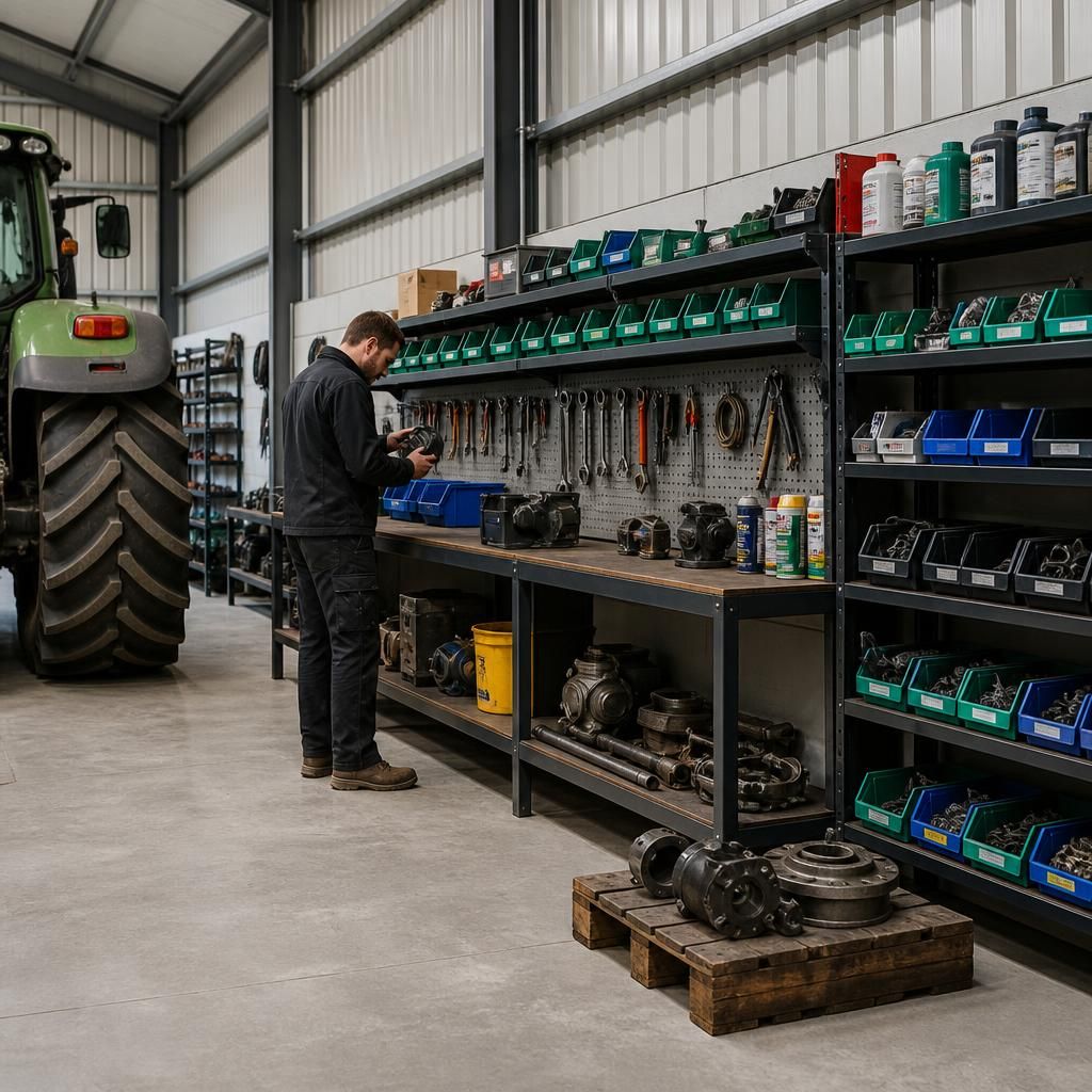 Wall-mounted tool racks and labelled storage bays inside a farm machinery shed