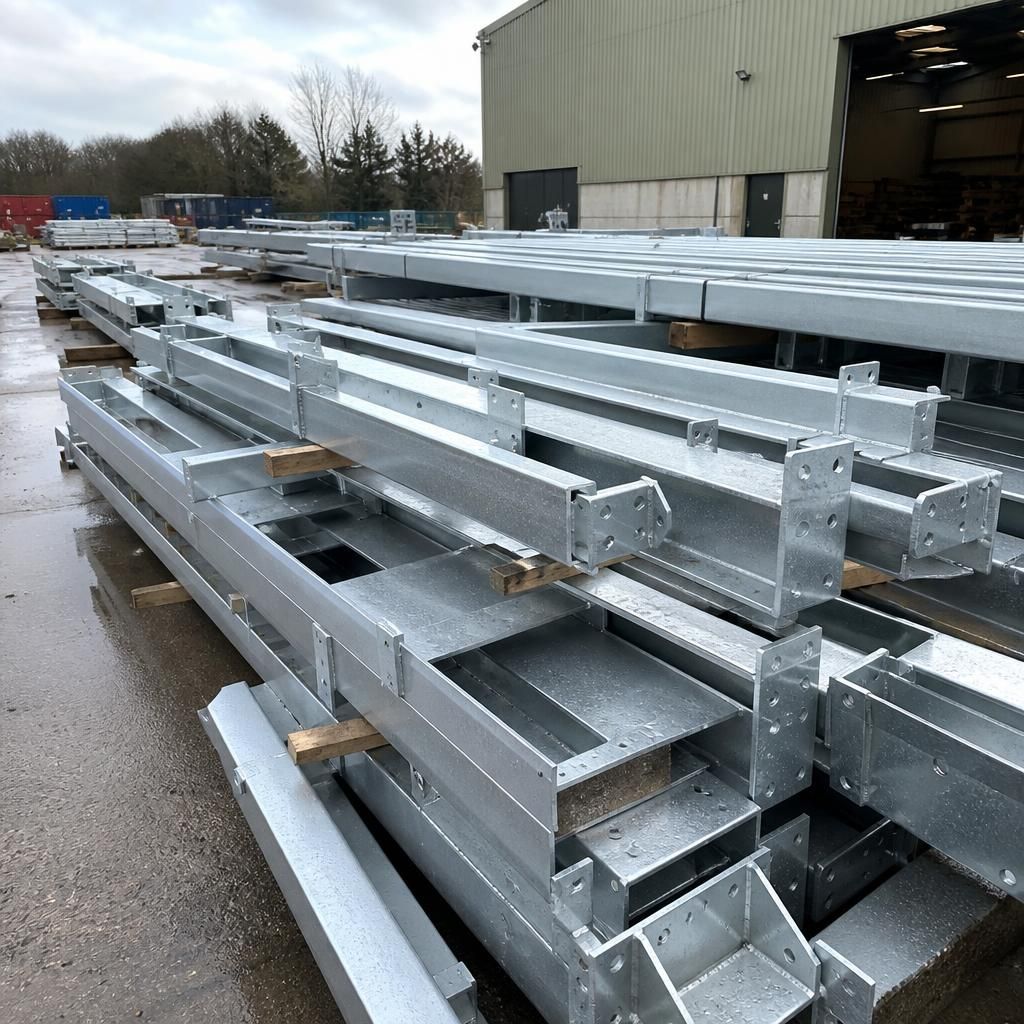 Hot rolled steel frame components prepared as a machinery shed kit