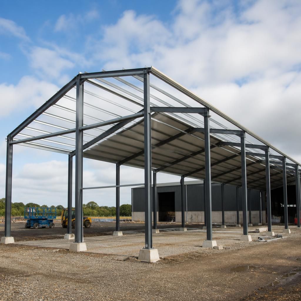 Part-built machinery shed frame with roof trusses, columns and an open gable end