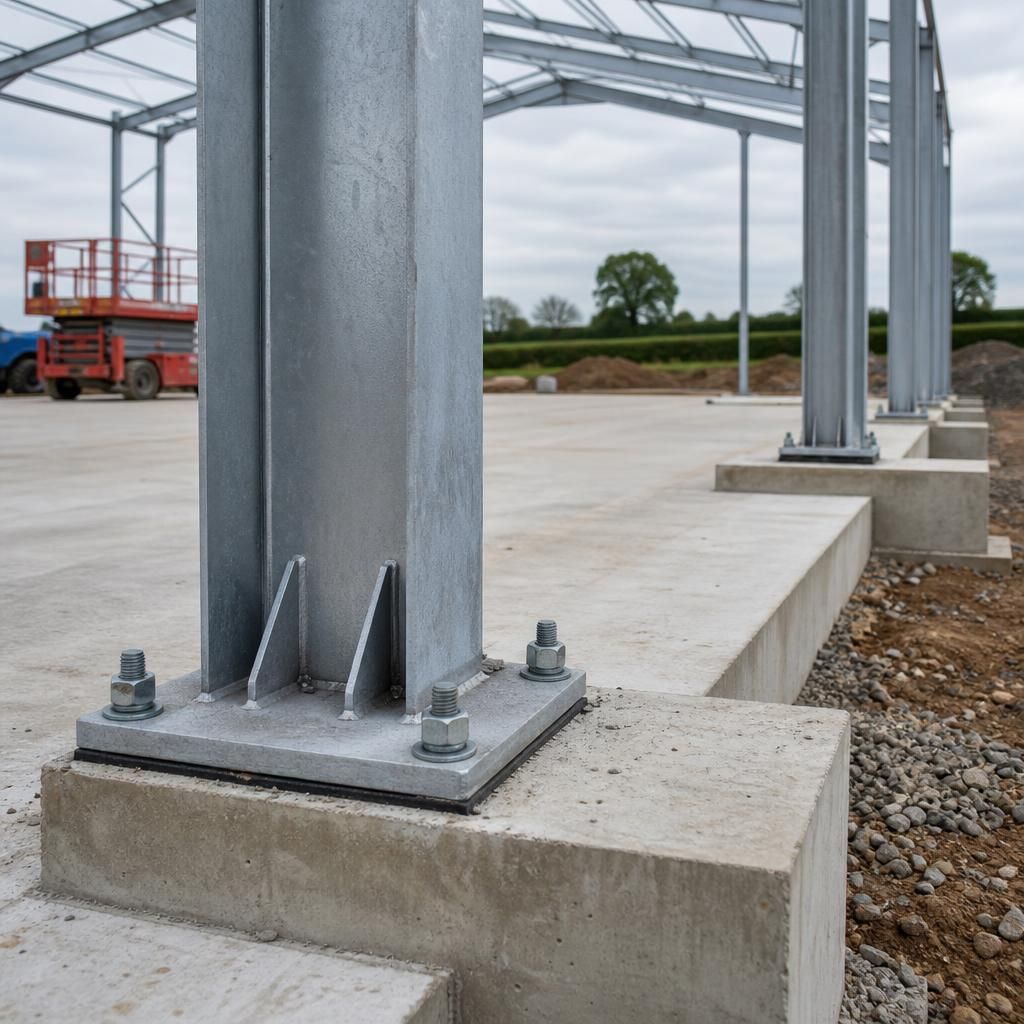 Steel column base with holding-down bolts set into a reinforced concrete foundation