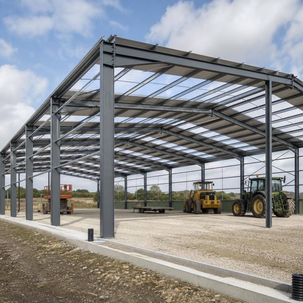 Hot rolled steel machinery shed frame with roof purlins and open bays