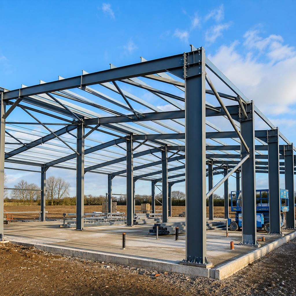 Hot rolled steel columns, rafters and bracing assembled for a machinery shed