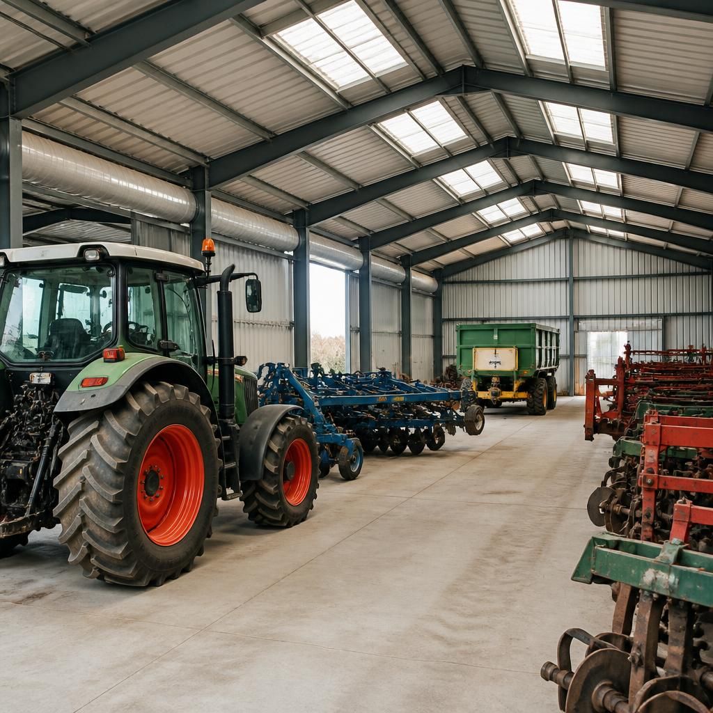 Tractor and agricultural implements arranged inside a steel-framed shed