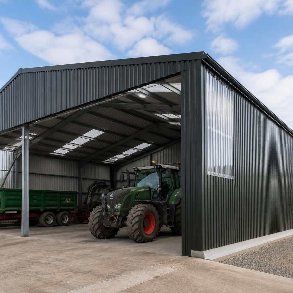 Agricultural tractor shed with profiled steel wall and roof cladding