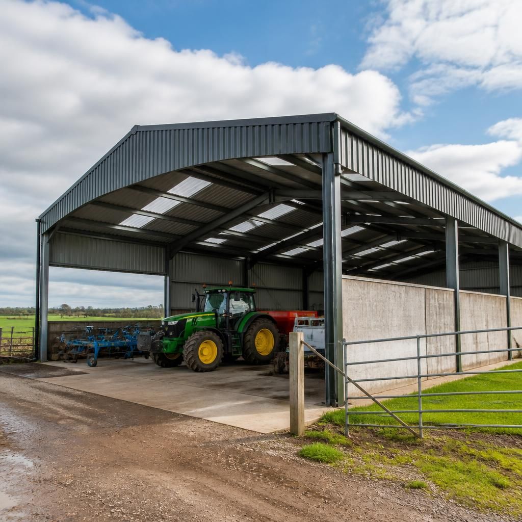 Tractor shed with a duo-pitched steel roof and rooflight panels