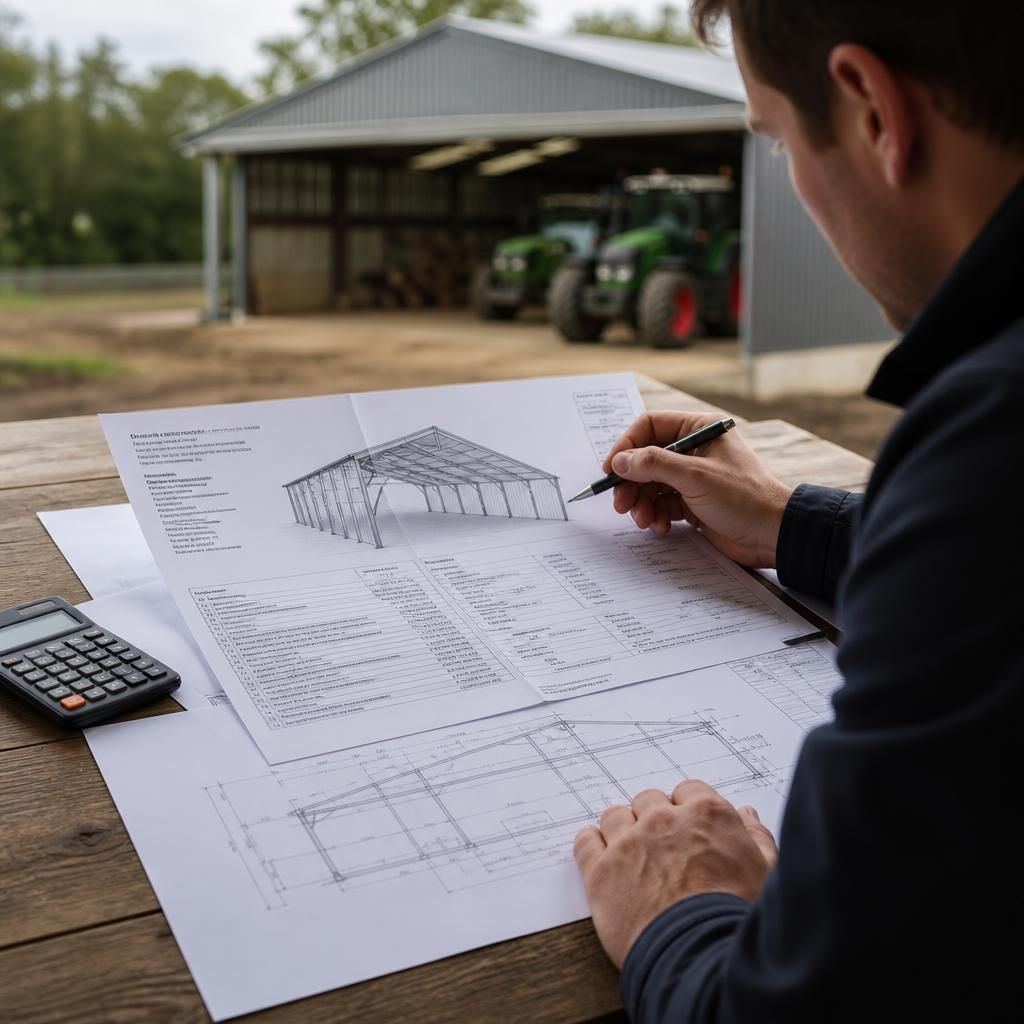 Tractor shed quotation with steel frame drawings and specification notes