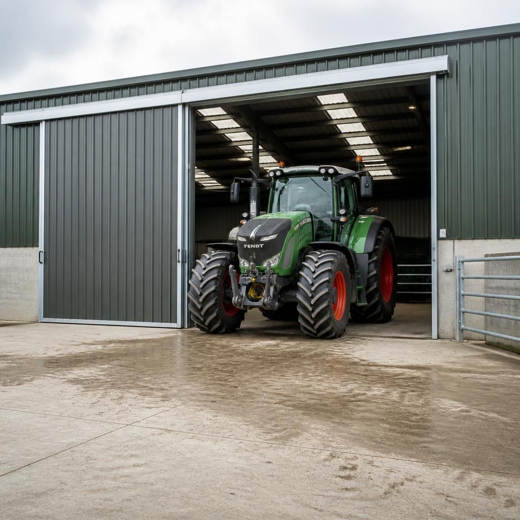 Farm machinery shed with wide sliding doors and a tractor positioned at the entrance