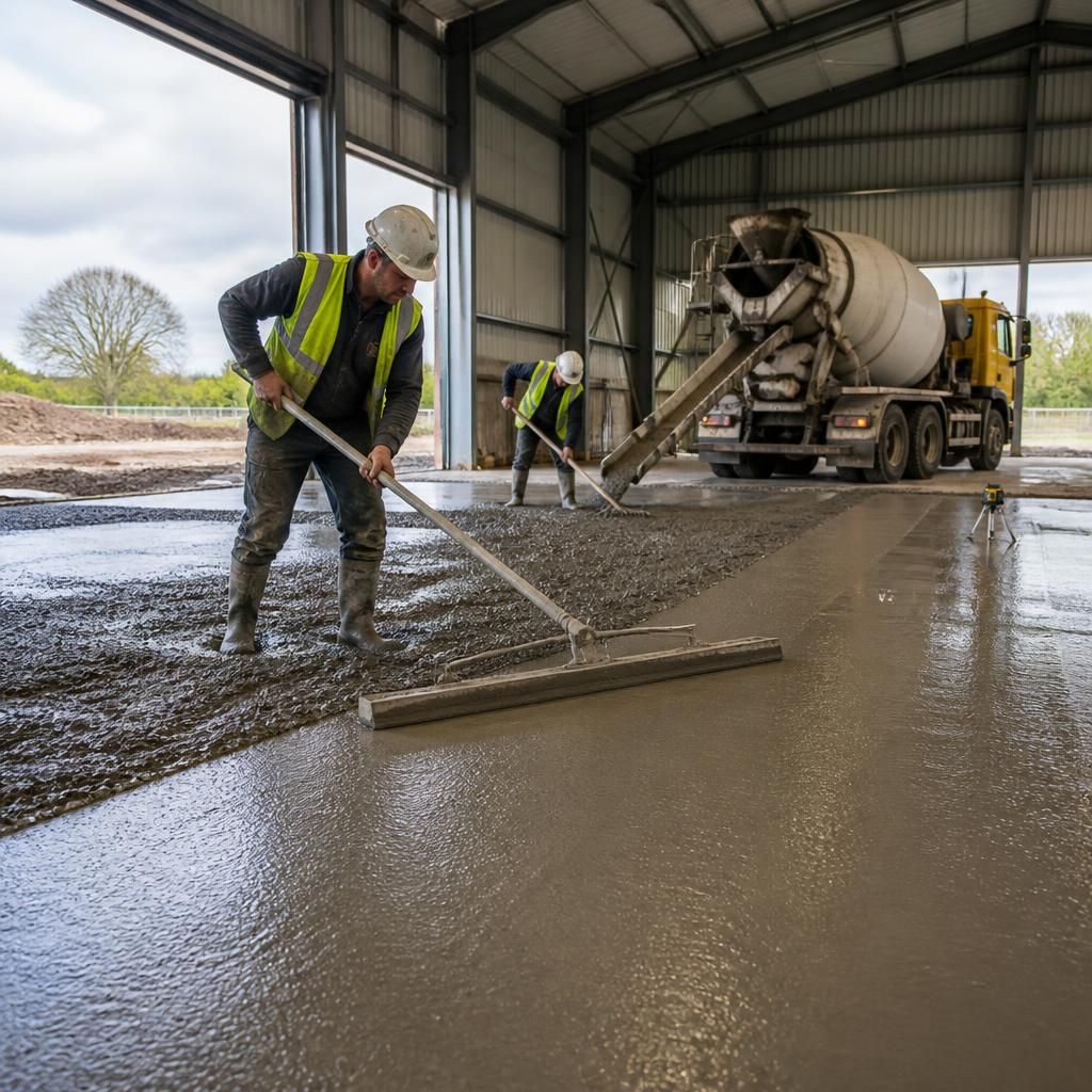 Concrete slab being laid inside a farm machinery shed