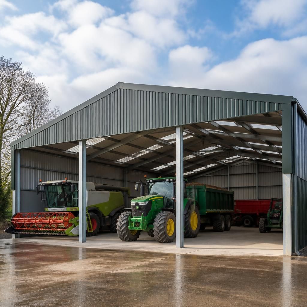 Steel portal frame with a duo-pitch roof for a farm machinery shed