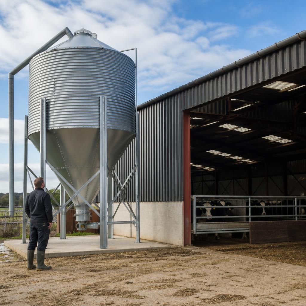 Steel cattle feed bin beside a farm building