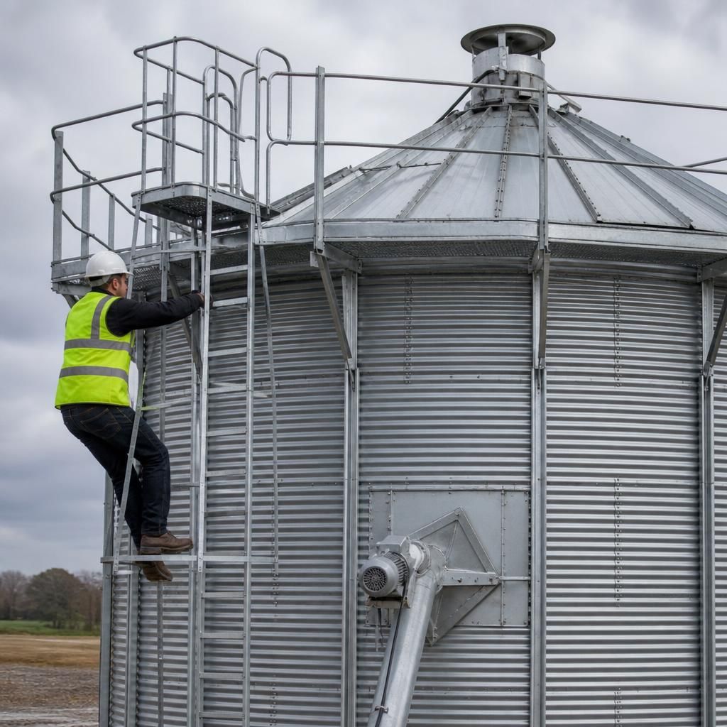 Technician inspecting a feed bin ladder, platform and roof access equipment