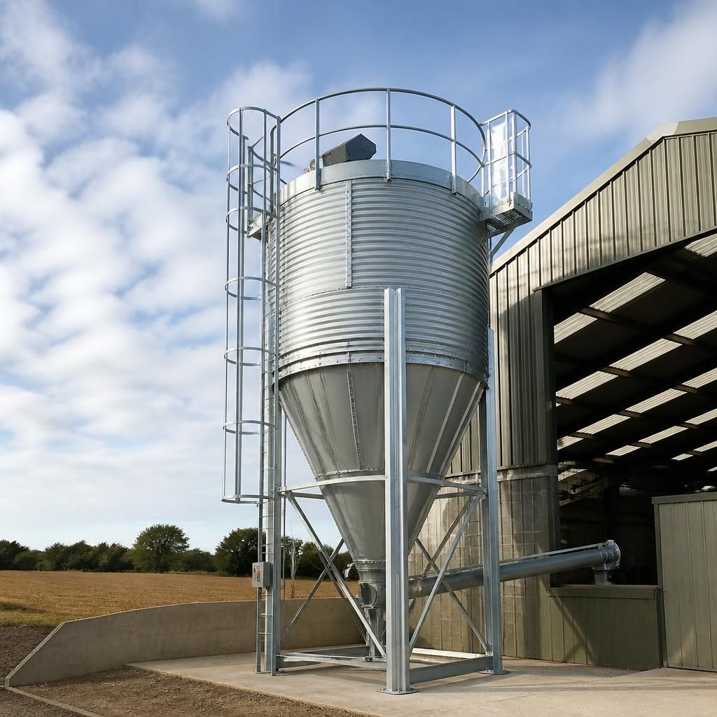 Steel grain hopper with a conical base, access ladder and upper loading platform