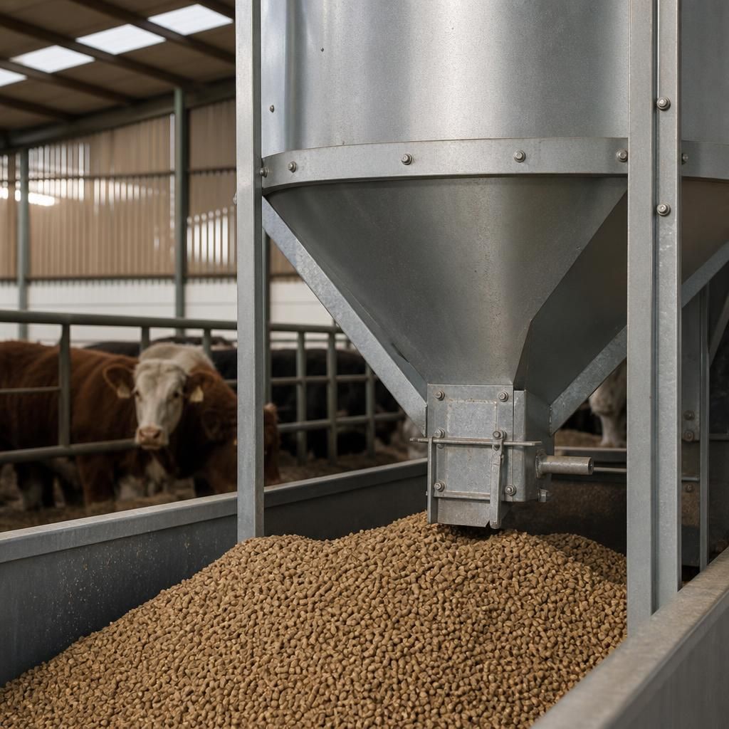 Cattle feed pellets stored in a steel feeding bin with a hopper outlet