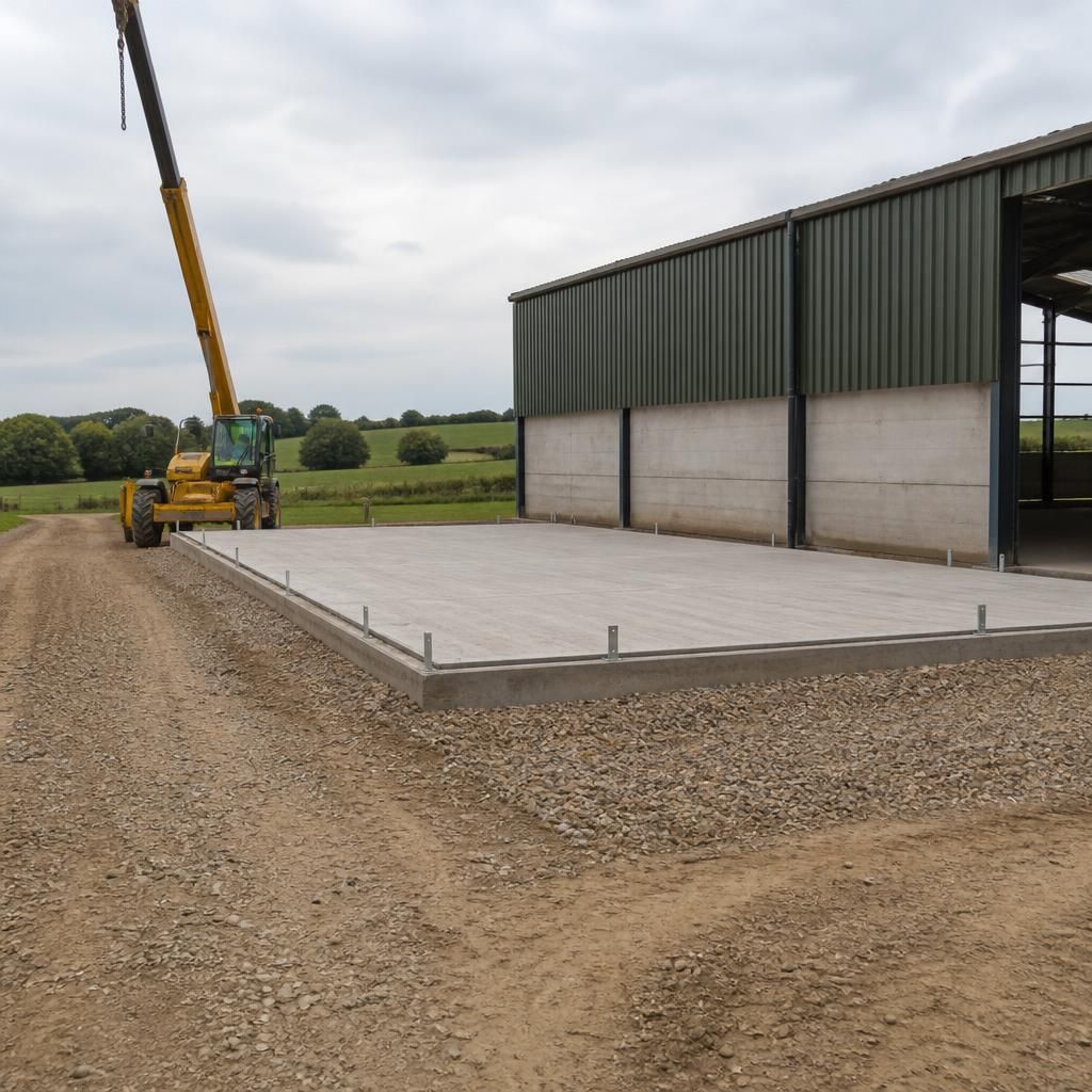 Concrete base, access route and lifting area prepared beside a farm building