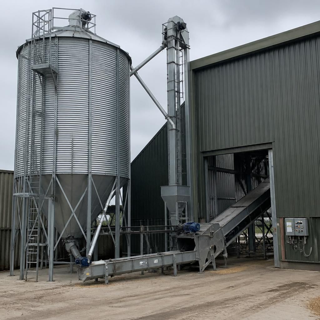 Grain silo connected to conveyors, bucket elevator and intake equipment