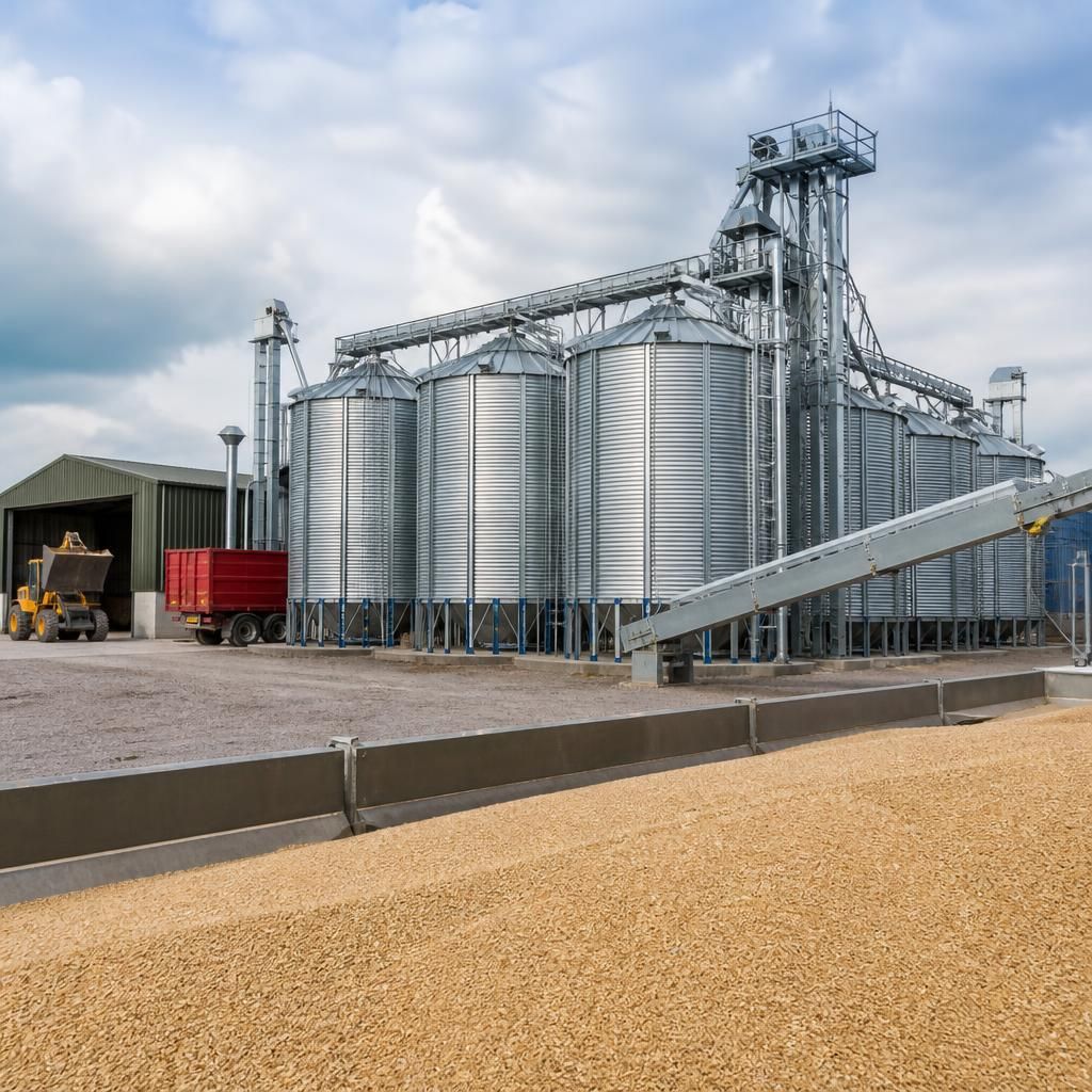 Several grain silos beside conveyors and a grain drying system