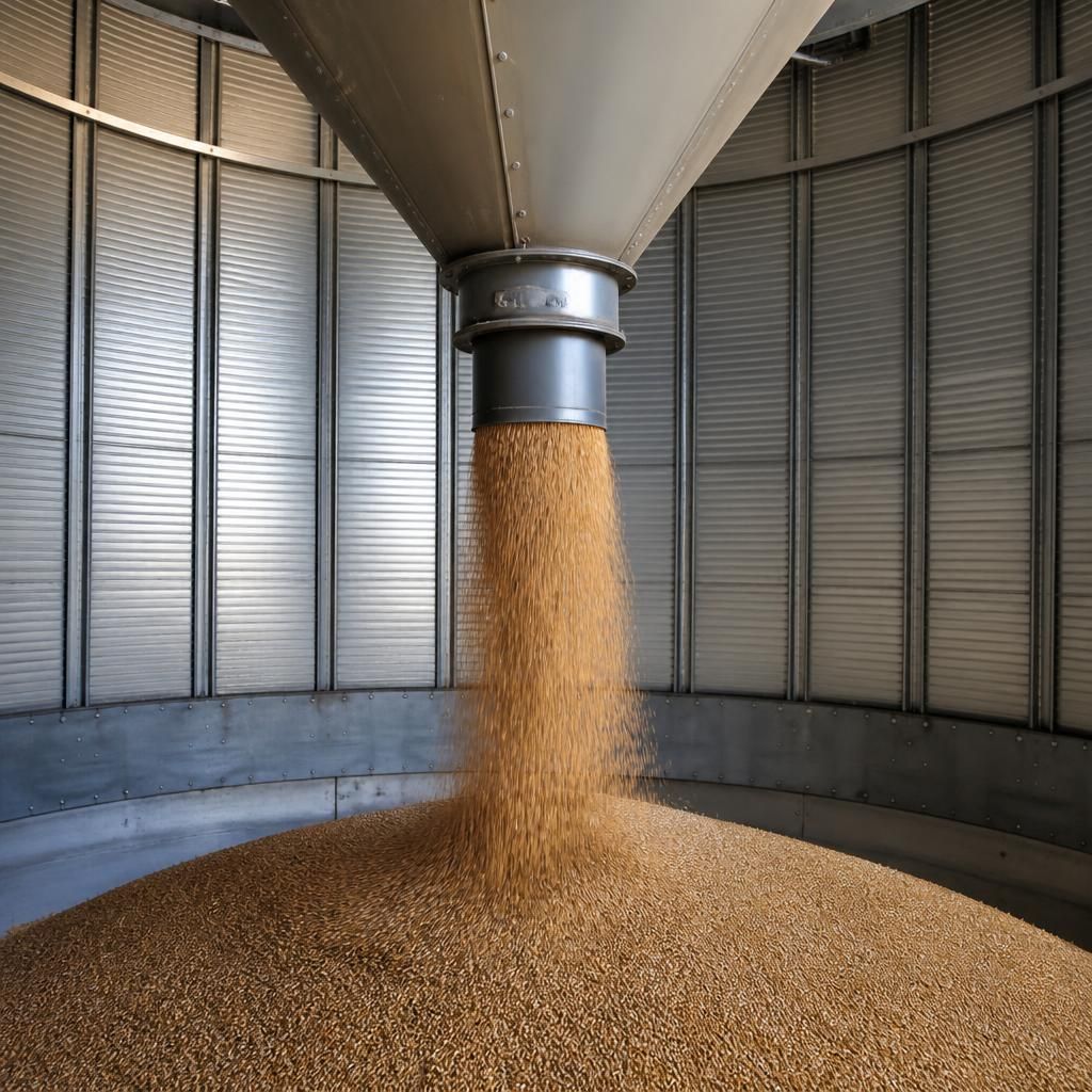 Bulk grain flowing through a silo hopper during discharge