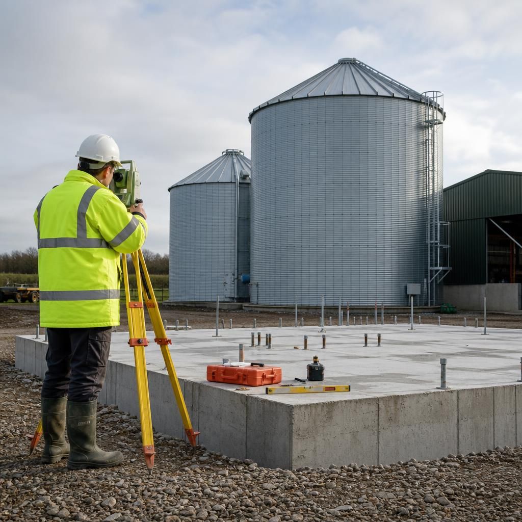 Surveyor checking ground levels beside a grain silo foundation