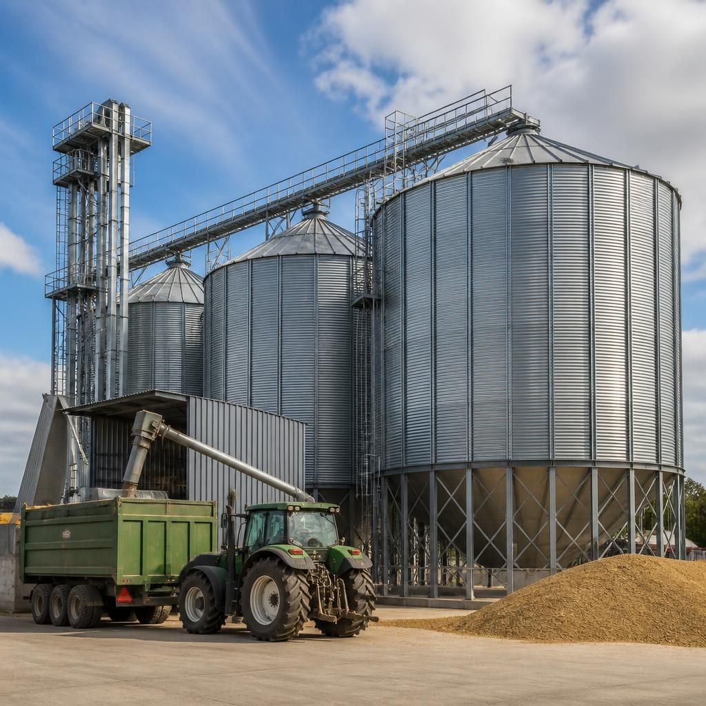 Steel grain silos beside grain handling equipment