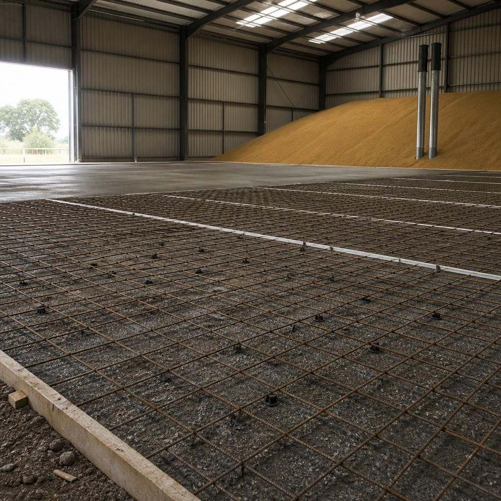 Reinforced concrete floor being prepared inside a grain store building