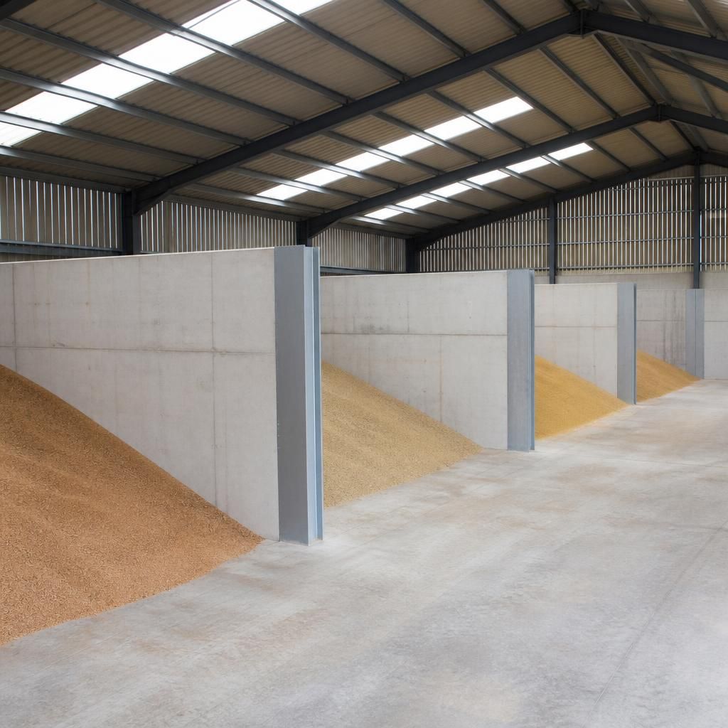 Grain store interior with reinforced dividing walls separating storage bays