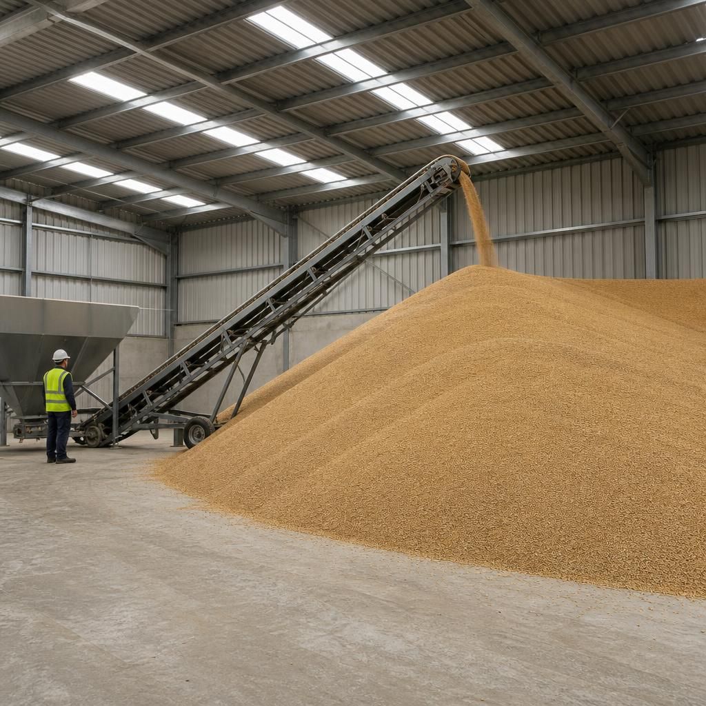 Grain store interior showing a grain heap, loading conveyor and steel frame