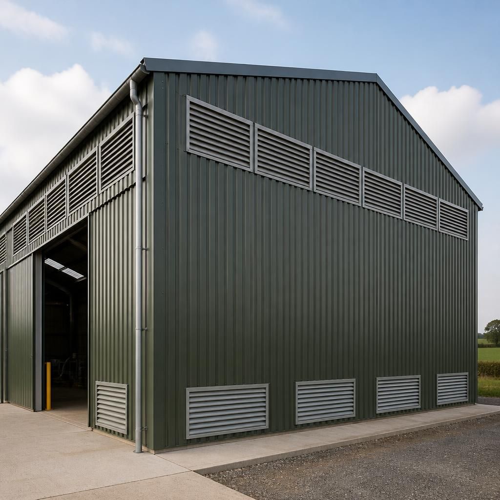 High-level roof louvres and lower wall vents in a steel grain store