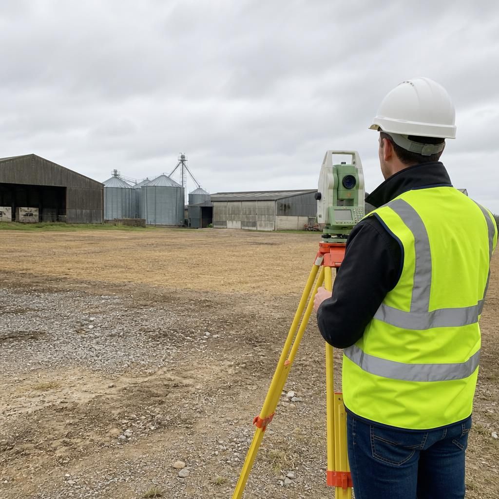 Surveyor measuring a proposed grain store site beside existing farm buildings