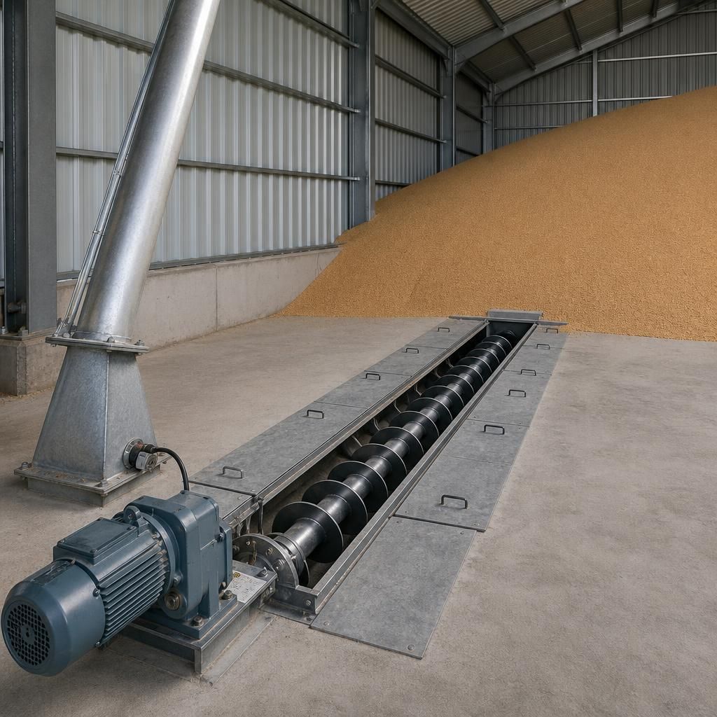 Floor auger channel leading from a grain store to a collection sump