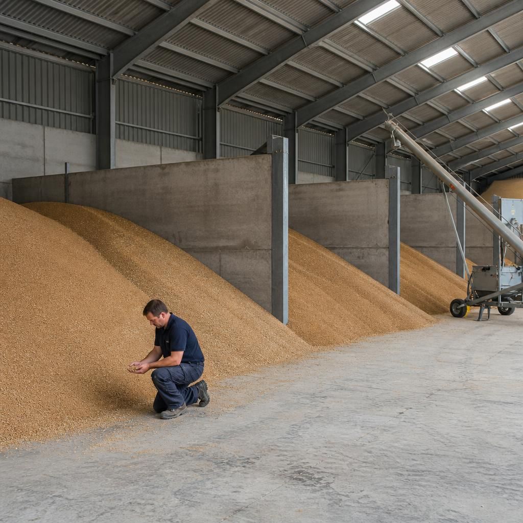 Divided grain store interior with separate bays, grain piles and handling equipment