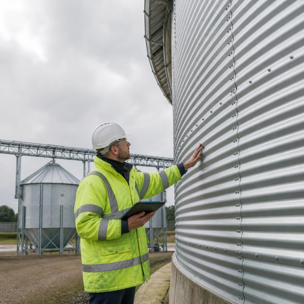 Technician inspecting the coated wall and roof fittings of a grain silo