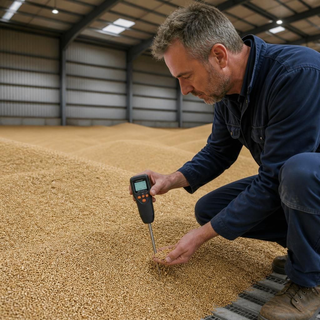 Bulk grain store with aeration floor channels beneath the stored crop