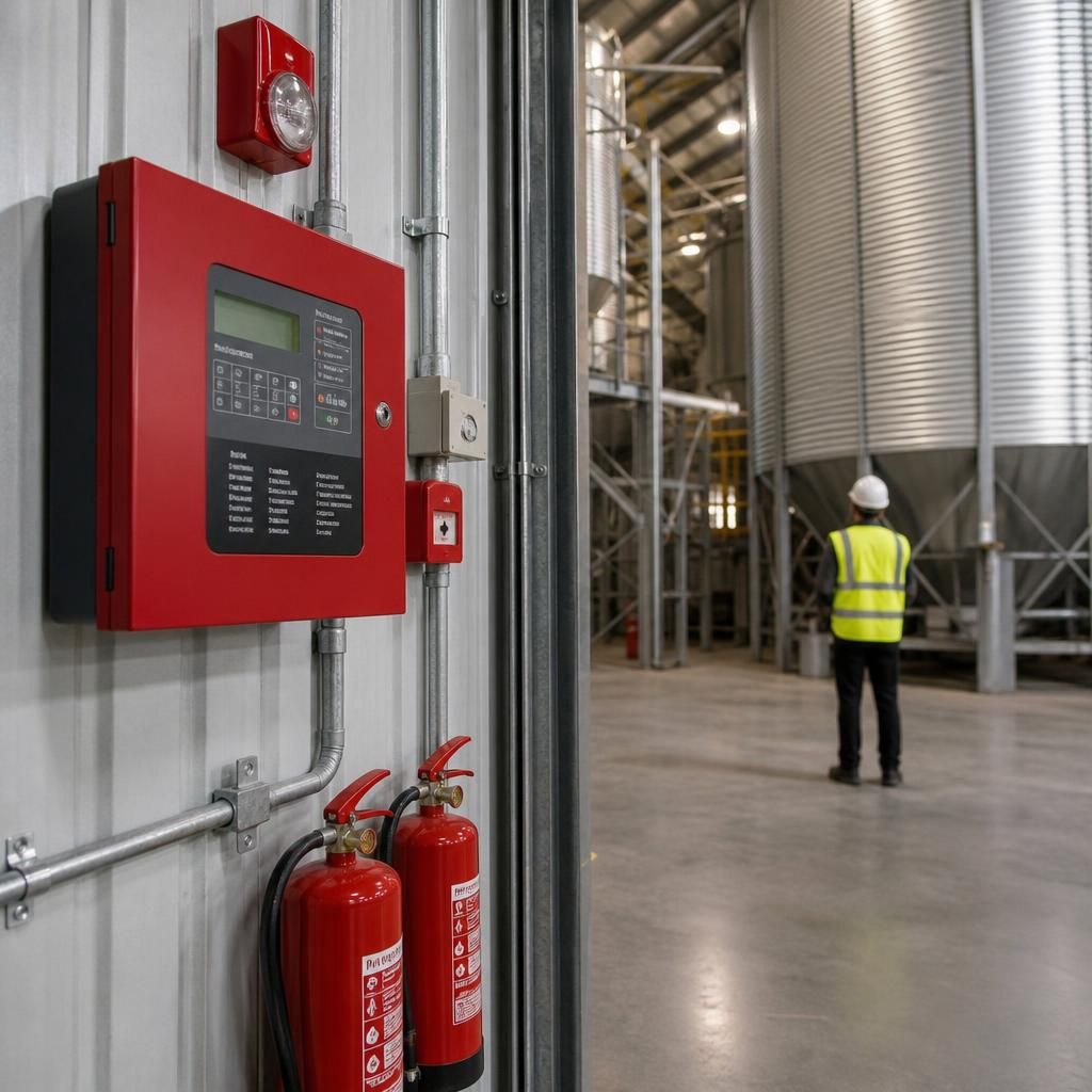 Steel grain store with roof ventilation outlets and external access doors