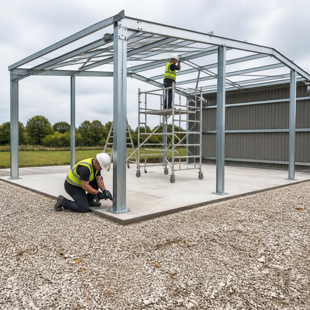 Workers assembling a steel-framed horse field shelter on a prepared base