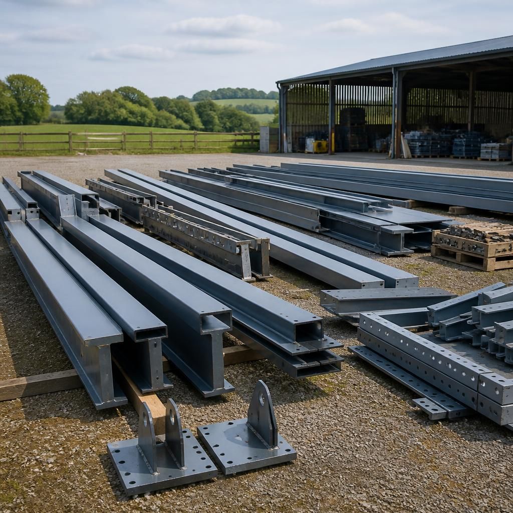 Horse field shelter steel frame kit components arranged for assembly