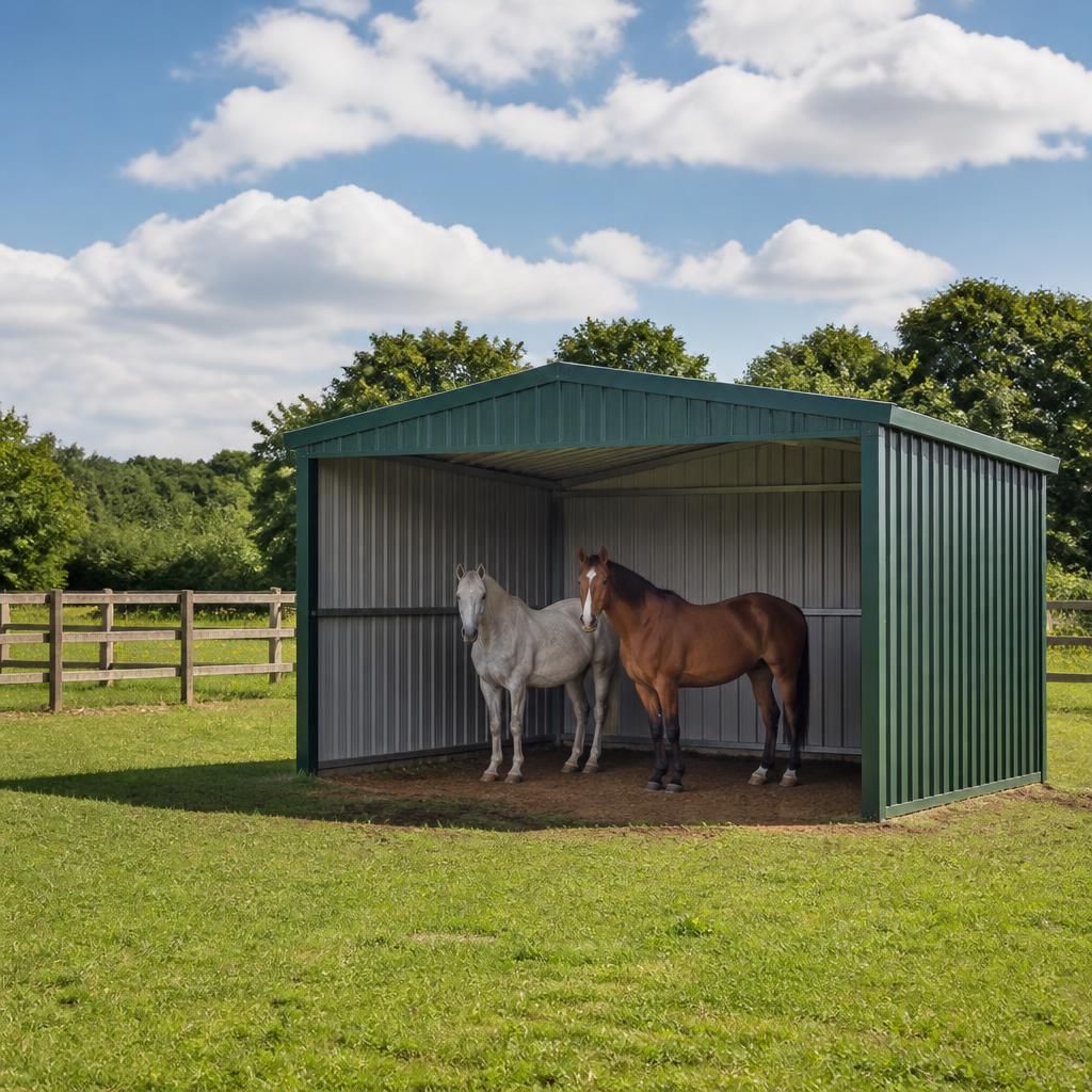 Open-front horse shelter positioned on grass beside a fenced paddock