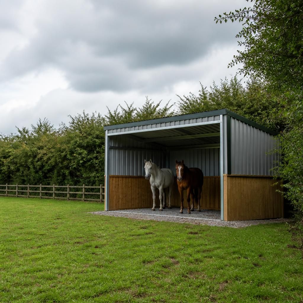 Three-sided horse shelter beside a hedge, with its open entrance facing across a grass paddock