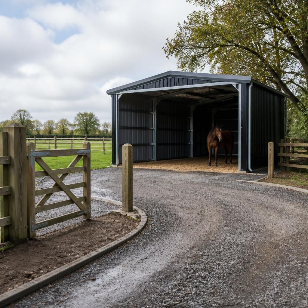 Horse shelter entrance beside a firm approach and field gate