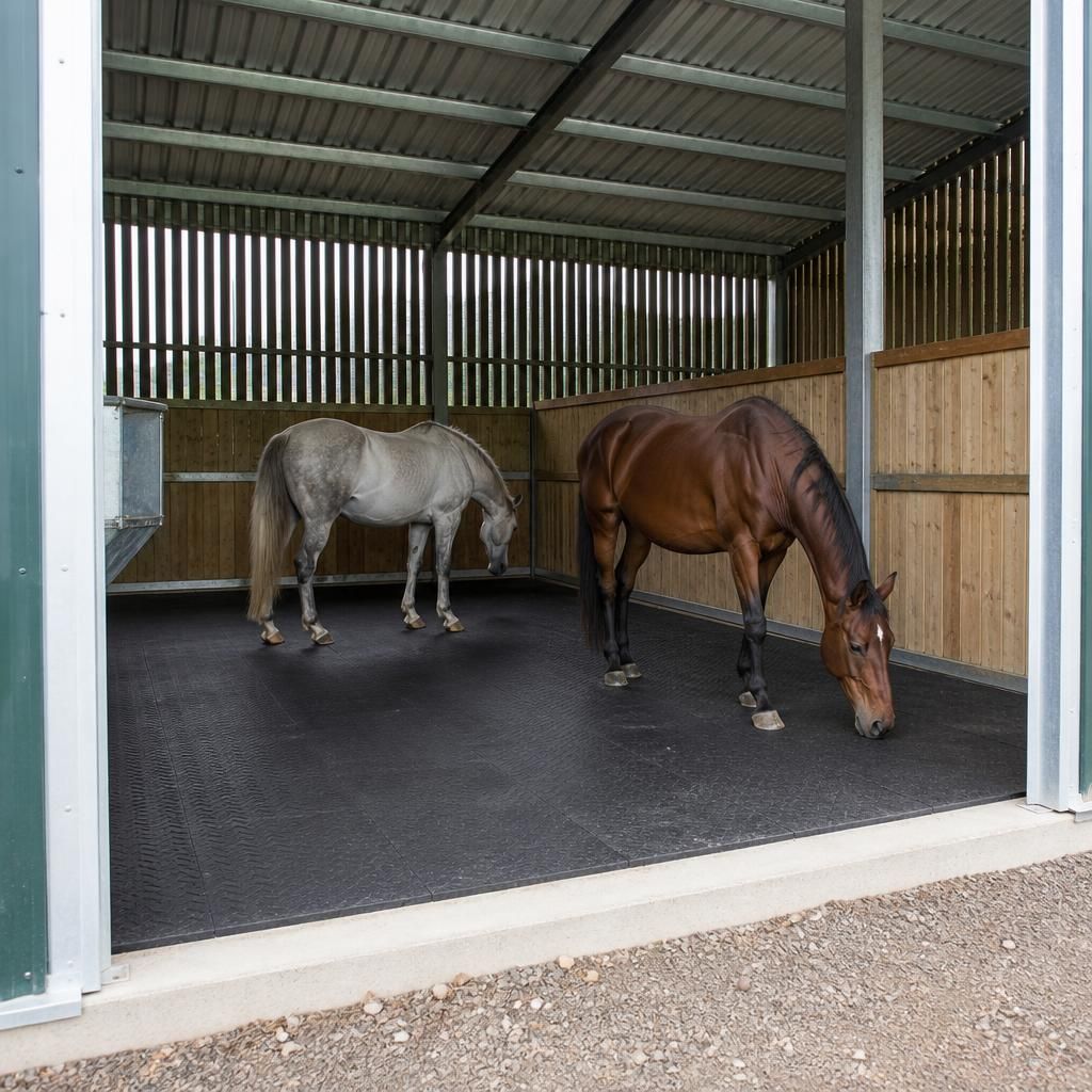 Rubber matting fitted over a concrete floor inside a horse field shelter