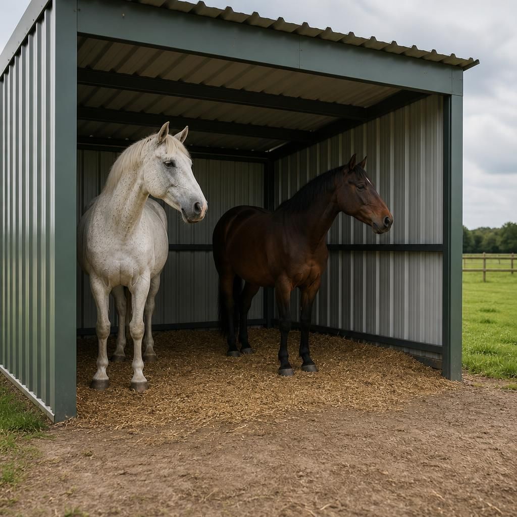 Two horses standing inside a field shelter beside a grass paddock