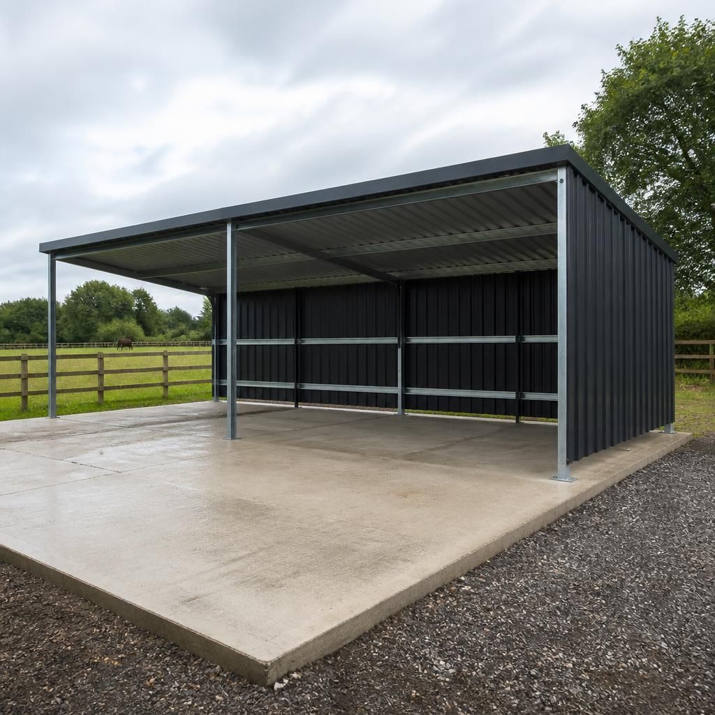 Steel horse field shelter standing on a level concrete base with open sides