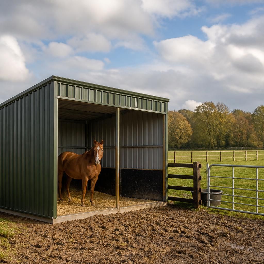Steel-framed horse field shelter beside a fenced grazing area