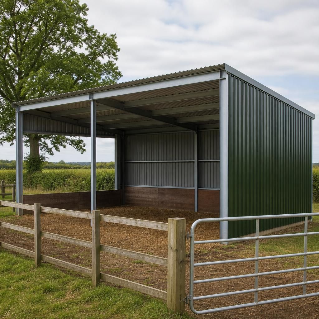 Steel-framed horse field shelter with roof, cladding and an open front